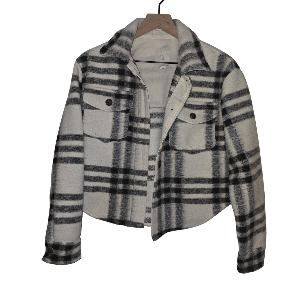 Joie Plaid Shacket Jacket Womens S White Black Cropped Polyester Blend Cabincore